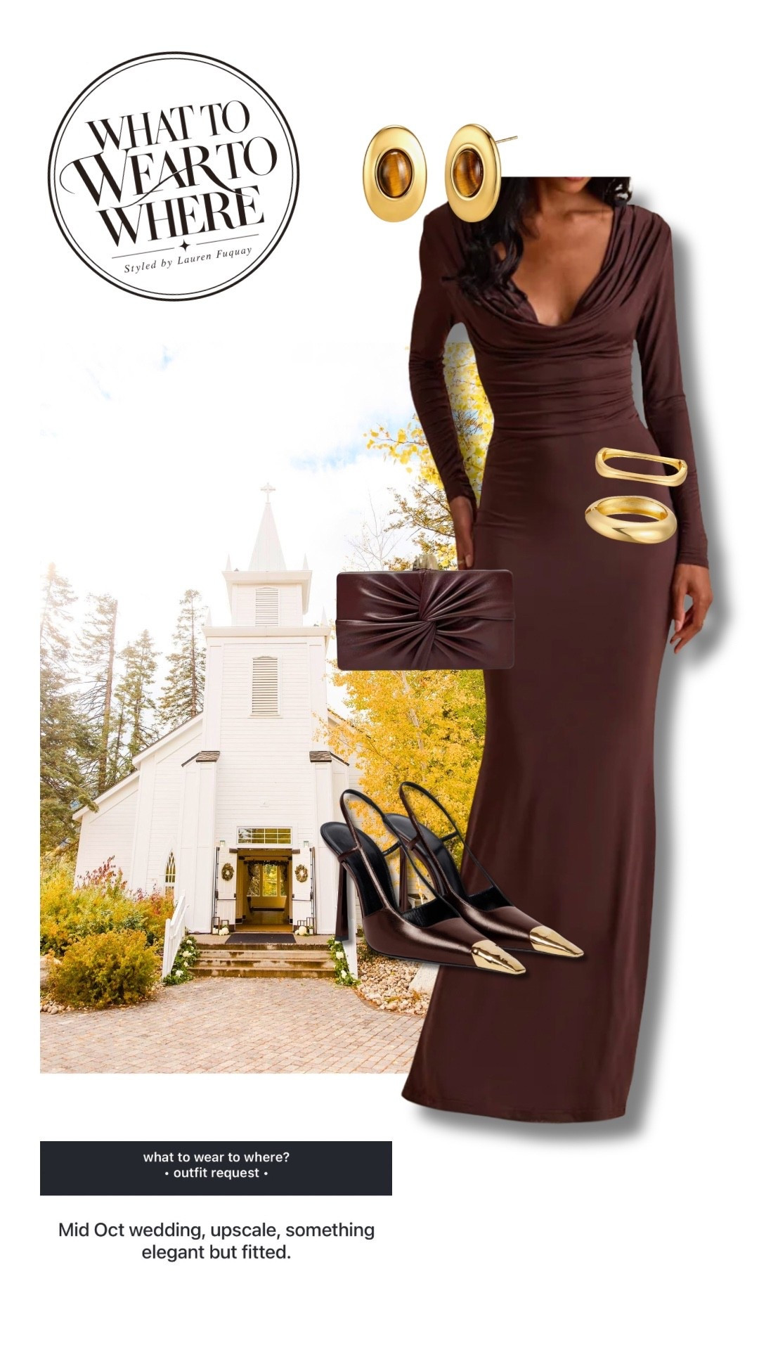 For a mid-October upscale wedding, I’d lean into a fitted silhouette in a rich chocolate brown — elegant, flattering and perfect for fall without feeling too heavy. I paired it with pointed slingbacks, sculptural gold jewelry and a tonal clutch to keep the whole look sleek and elevated.

fall wedding guest outfit, October wedding guest dress, upscale wedding outfit, fitted wedding guest dress, chocolate brown maxi dress, elegant fall wedding look, formal fall outfit, brown wedding guest dress, pointed toe heels, gold statement jewelry, fall event style, what to wear to a fall wedding

#LTKWedding #LTKSeasonal