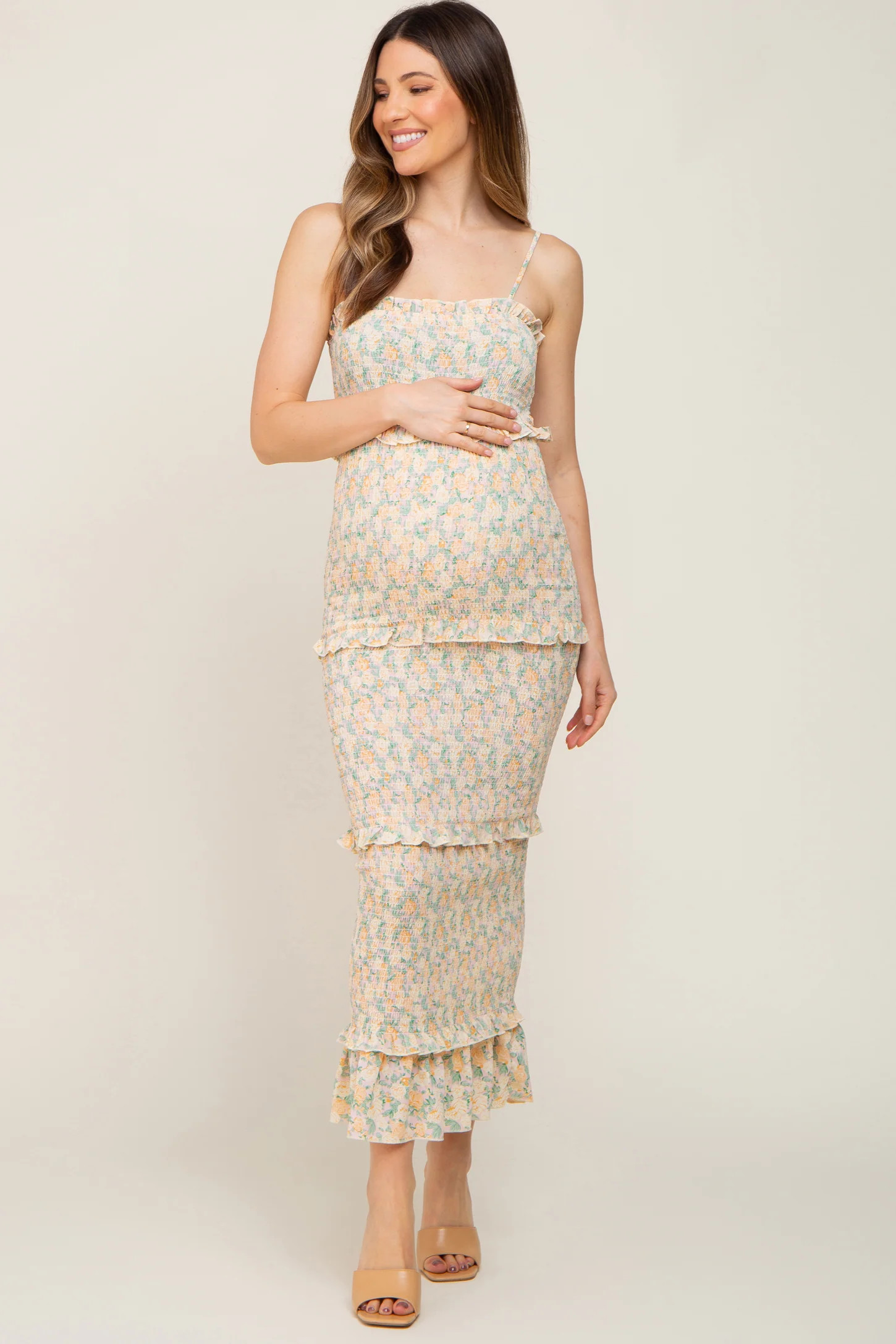 Pink Floral Chiffon Smocked Tiered Square Neck Maternity Midi Dress | PinkBlush Maternity