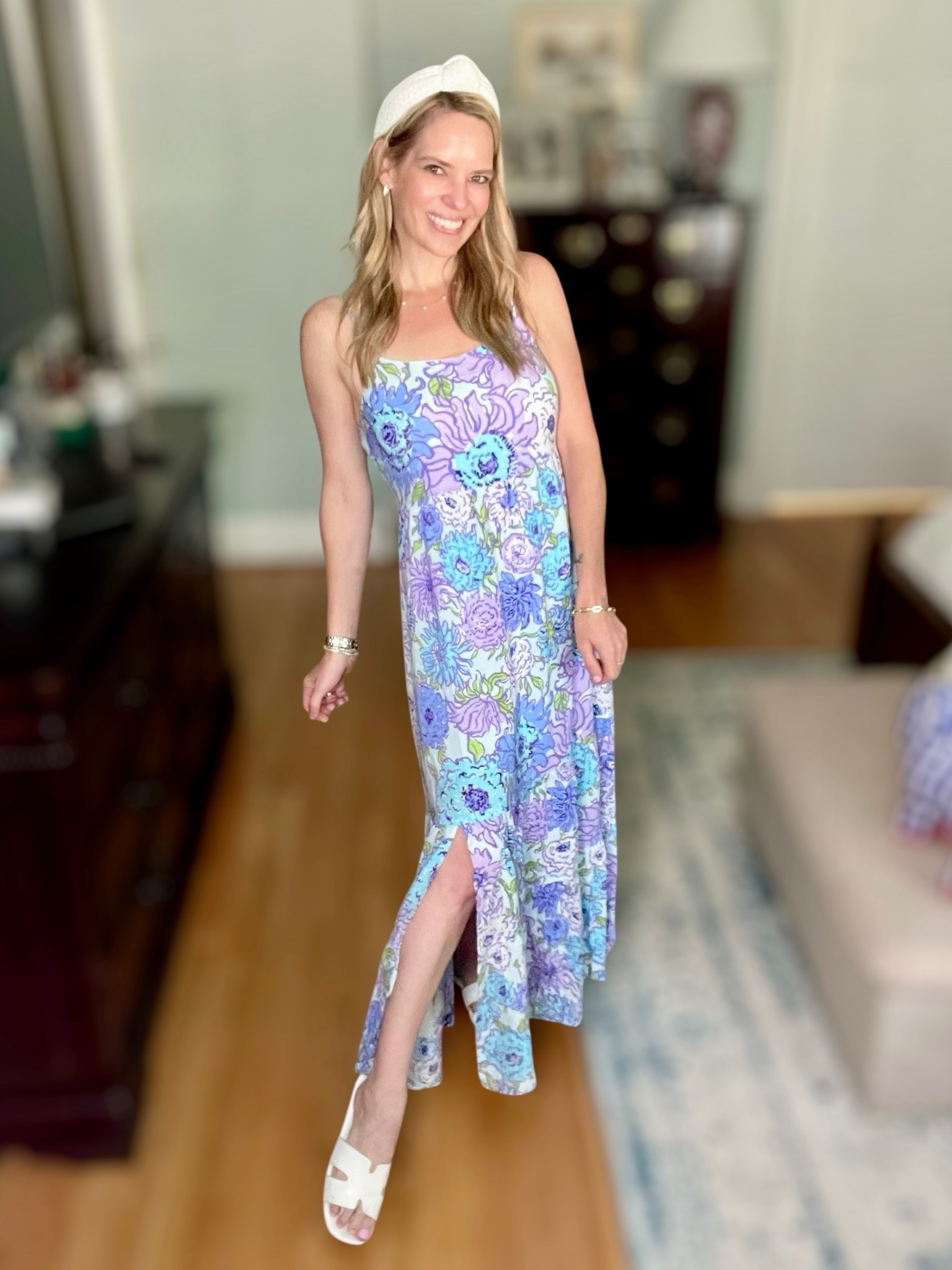 ✨Use code PREPPYREBEL for 10% off my jewelry from Melinda Maria!✨

Wearing the Lilly Pulitzer Teresa Maxi Dress in size XS – I’m 5’3” and around 116-117 lbs for reference. This dress is the definition of easy summer elegance ☀️💜 The soft jersey fabric is lightweight and stretchy, making it the perfect comfy-cute choice for warm weather. I love the vibrant floral print in periwinkle, lavender, and aqua tones – classic Lilly with a breezy twist! The smocked waist flatters the figure while the side slit adds just the right amount of movement.

I paired it with my favorite white sandals and accessorized with:
💫 Melinda Maria gold jewelry – including the Baby Dagger Necklace, Cruz Link Bracelet, and Isla Pave Huggies (all linked – use PREPPYREBEL for a discount!)
💫 A textured ivory headband to complete the polished, coastal look

Whether you’re headed to brunch, vacation, or just running errands in style, this maxi is a no-brainer for effortless glam 💐👒

🛍️ LTK Keywords: Lilly Pulitzer Teresa Maxi Dress, summer floral maxi, smocked waist dress, comfy jersey maxi, beach vacation dress, preppy summer style, Melinda Maria jewelry, coastal accessories

🧵Wearing size XS in the dress
📏Fit: TTS – soft and stretchy
💰$198

#LillyPulitzer #SummerStyle #CoastalGrandmillennial #MaxiDressSeason #MelindaMariaJewelry #PREPPYREBEL #FloralFashion #LTKunder200 #LTKsummer #LTKstyletip

#LTKFindsUnder100 #LTKFindsUnder50 #LTKShoeCrush