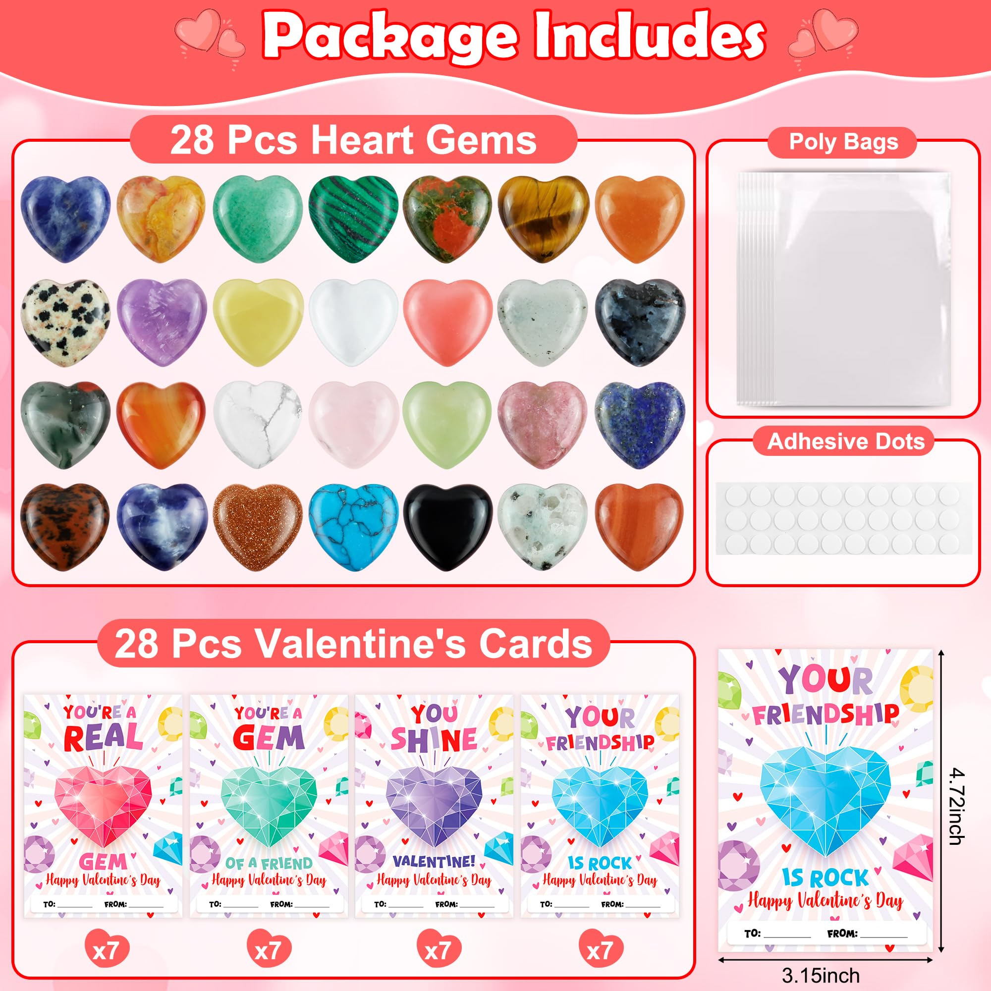 Valentines Day Gifts for Kids, 28 Pack Valentines Cards with Heart Shape Crystals Gemstones for B... | Amazon (US)