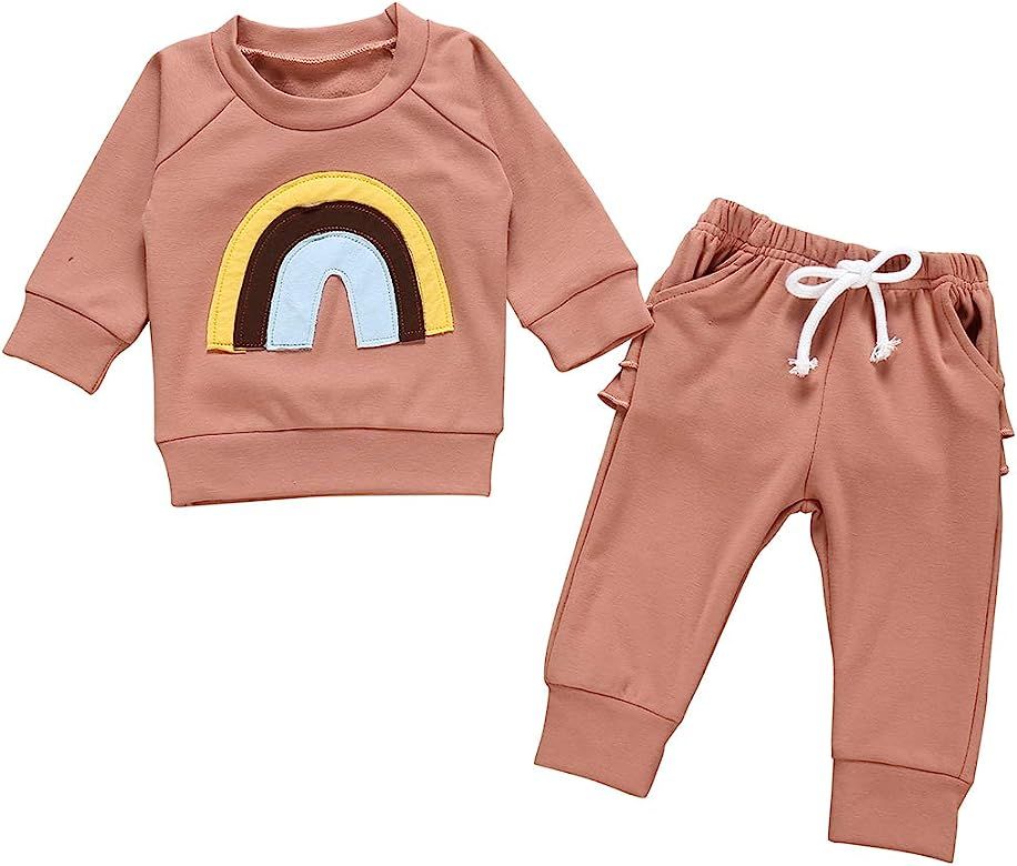Infant Baby Girls Rainbow Print Cotton Sweater Long Sleeve Pullover T-Shirt Tops Ruffle Pant Fall... | Amazon (US)