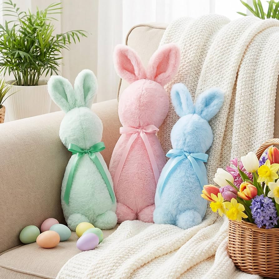 Breling 3 Pcs Easter Decoration Bunny Throw Pillow Flocked Bunny Figurine with Bow Tie 16" 13" 10... | Amazon (US)