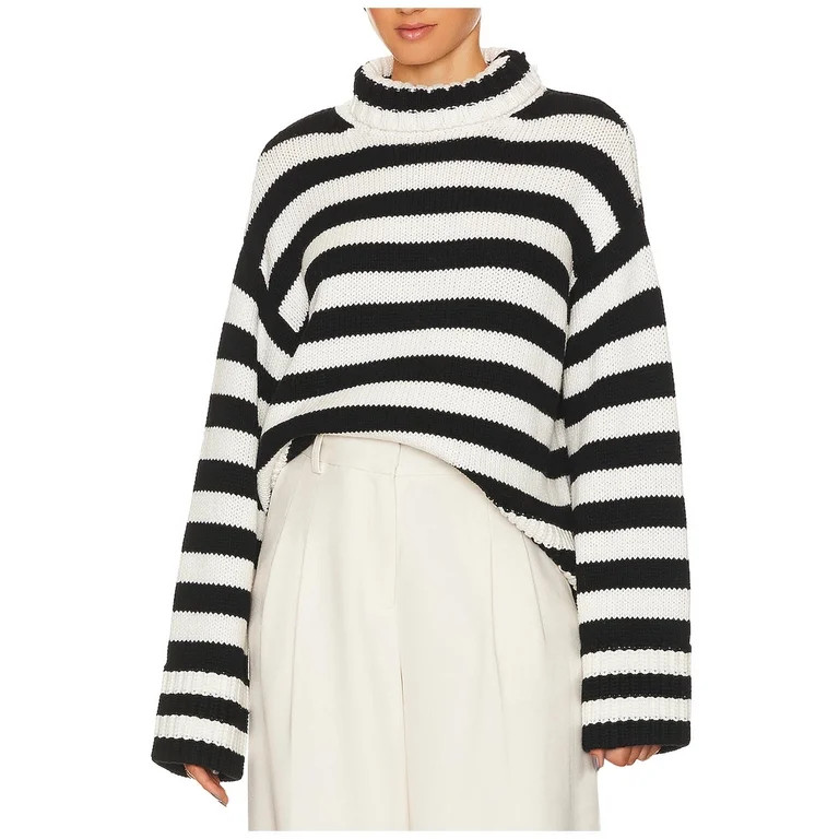 snilers Sweaters for Women Long Sleeve Stand Collar Pullover Soft Cozy Trendy Stripes Sweater Loo... | Walmart (US)