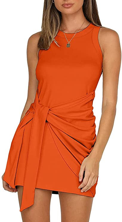 LIYOHON Women's Summer Casual Beach Dress Sleeveless Ruched Tie Tank Bodycon Wrap Mini Dresses | Amazon (US)