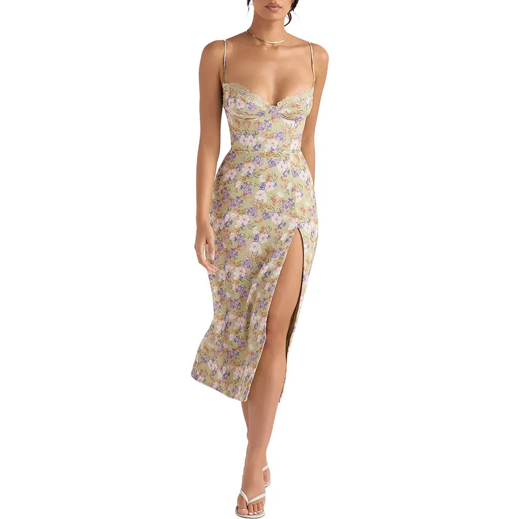 HOUSE OF CB Corset Crepe Midi Sundress in Peony Print at Nordstrom, Size X-Small D | Nordstrom