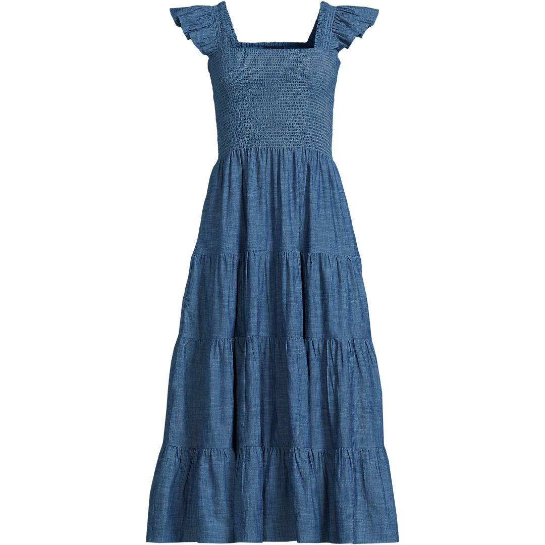 Women's Chambray Smocked Dress with Ruffle Straps | Lands' End (US)