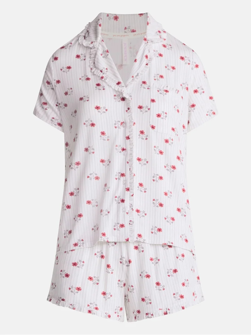 Joyspun Women\u2019s Modal-Blend Ruffle Trim Notch Collar Top and Shorts Pajama Set, 2 Piece, Siz... | Walmart (US)