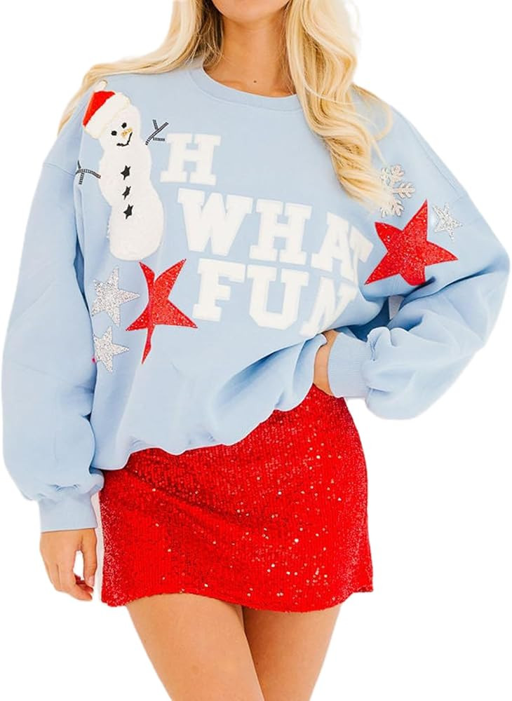 Women Sequin Christmas Sweatshirt Cute Graphic Sparkly Long Sleeve Crew Neck Pullover Y2k Oversiz... | Amazon (US)