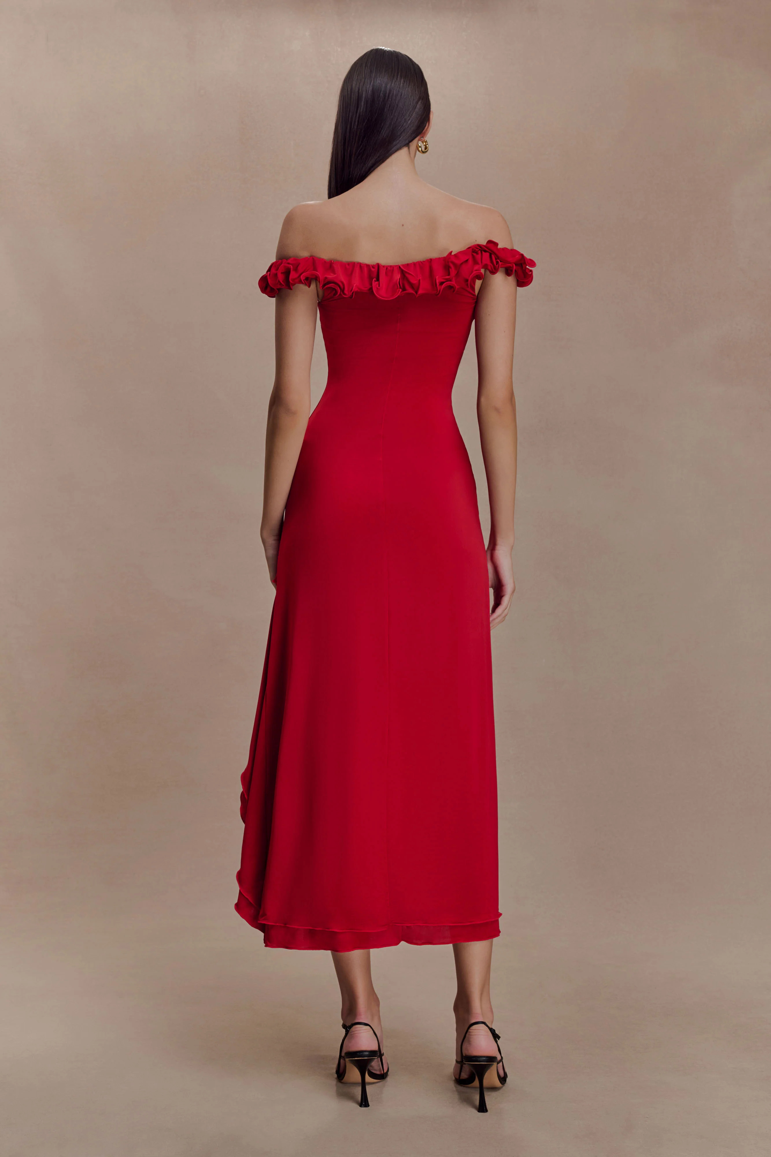 Allegra Off Shoulder Ruffle Midi Dress - Ruby | Meshki (APAC)