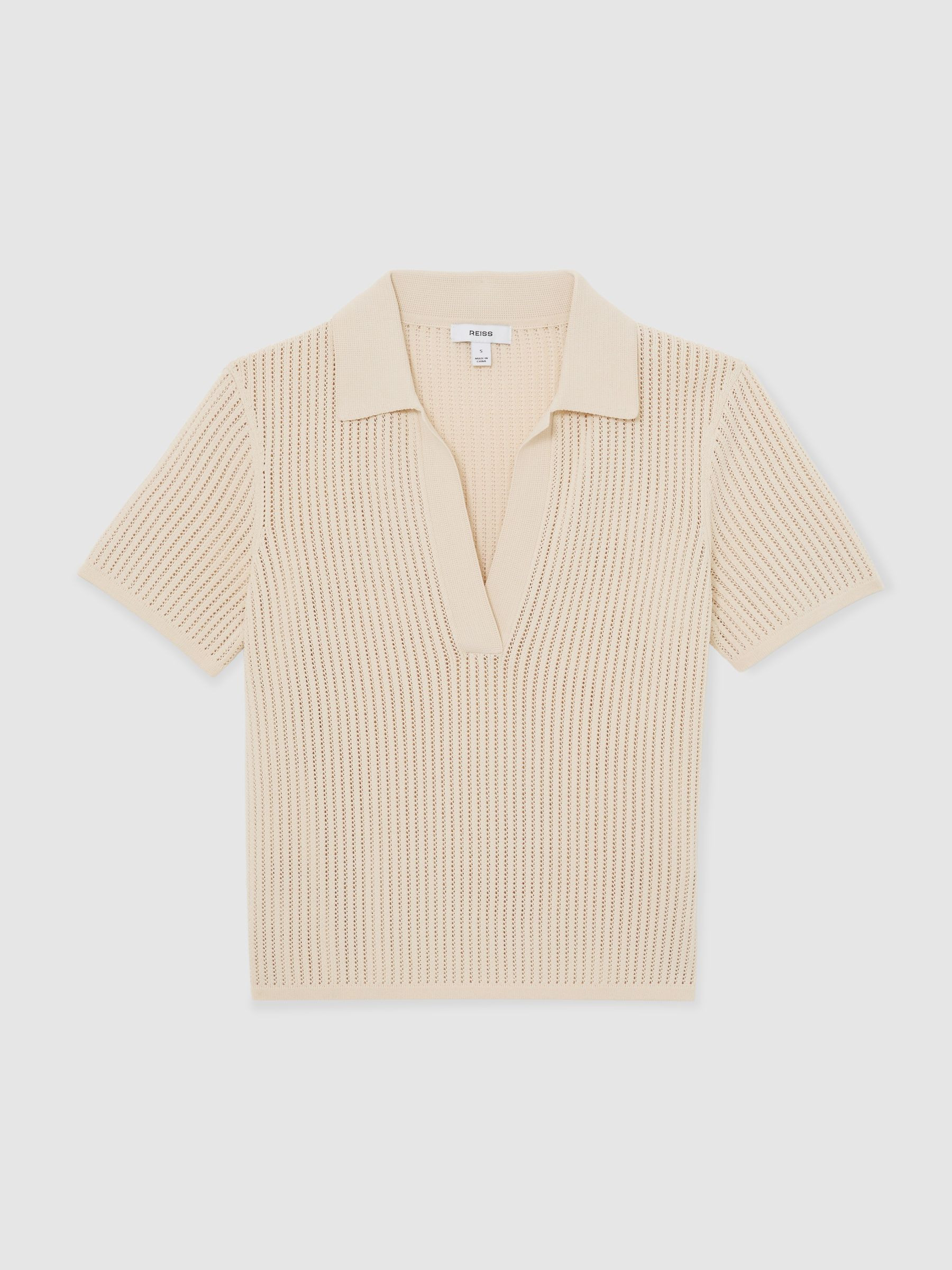 Reiss Open-Stitch Knitted Polo Top in Ivory - REISS | Reiss UK