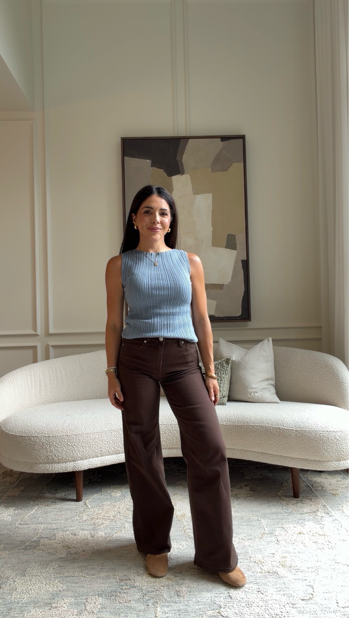 Picked up some new @quince pieces for fall- this brown and blue colour combo has such a chokehold on me- I just find it so delicious! 
Denim: size 25 regular 
#quincepartner 

Top - size XS

#LTKworkwear #LTKfall #LTKtravel