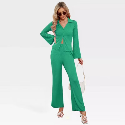 Womens 2 Piece Loungewear Sets with Long Sleeve Button Down Blouse and Wide Pajama Pants,Green - S | Target