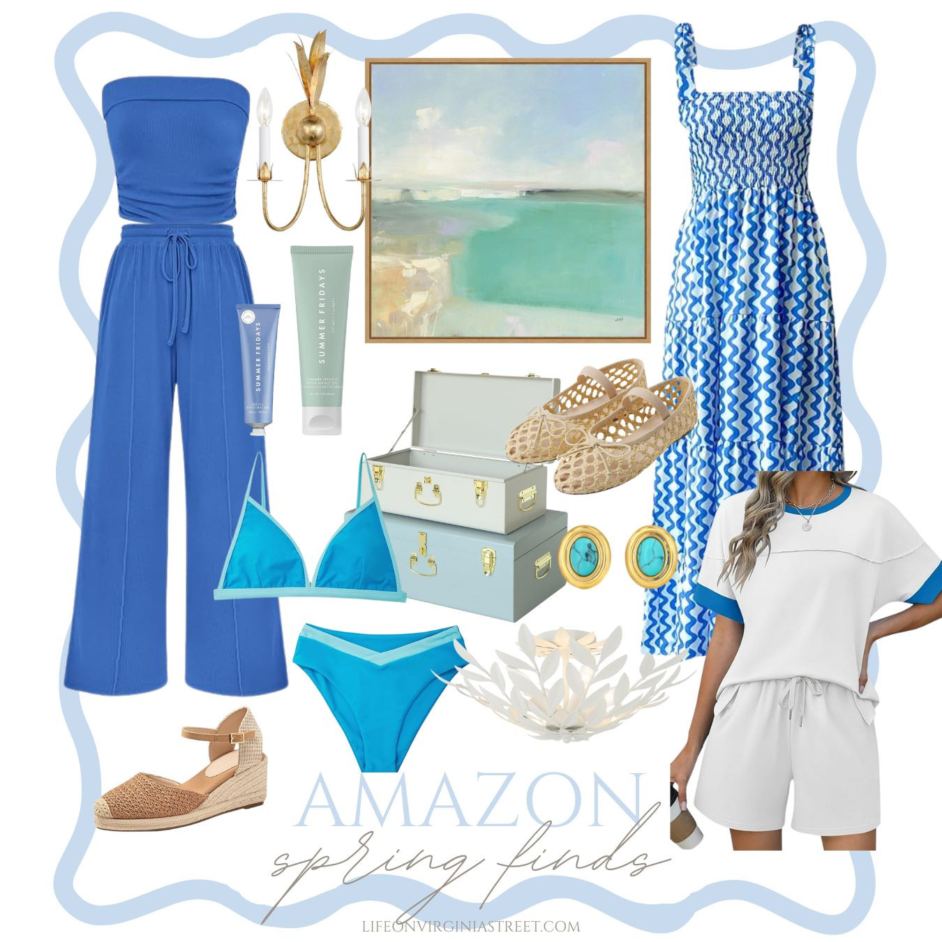 Cute new Amazon finds in shades of the ocean and water! the cutest two piece set, wavy dress, lounge wear, colorblock bikini, abstract art, coastal lighting, coastal storage boxes, earrings, and spring shoes! #ltkhome #ltktravel #ltkfindsunder50 #ltkfindsunder100 #ltkstyletip #ltkshoecrush #ltksalealert #ltkseasonal #ltkover40 #ltkmidsize #ltkswim 

 #LTKOver40 #LTKMidsize #LTKFindsUnder50