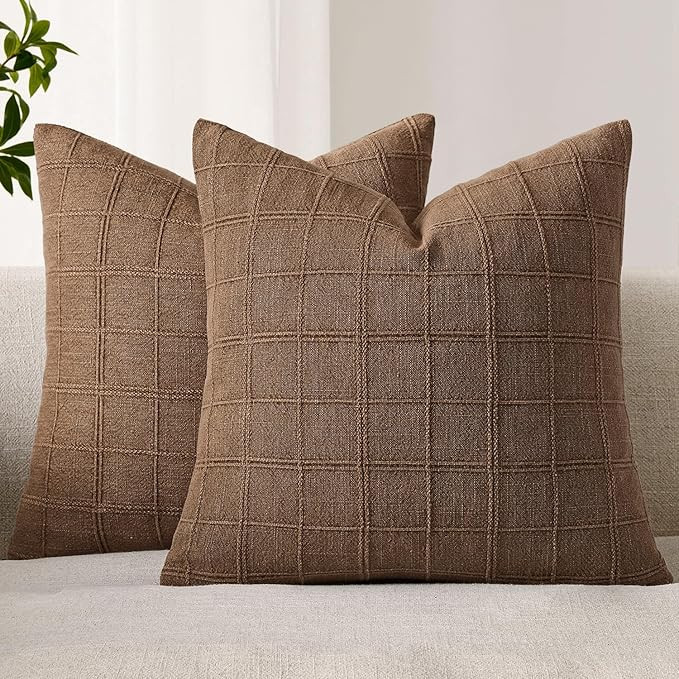 Woaboy Linen Check Throw Pillow Covers Set of 2 - Dark Brown Farmhouse Modern Boho Vintage Decora... | Amazon (US)