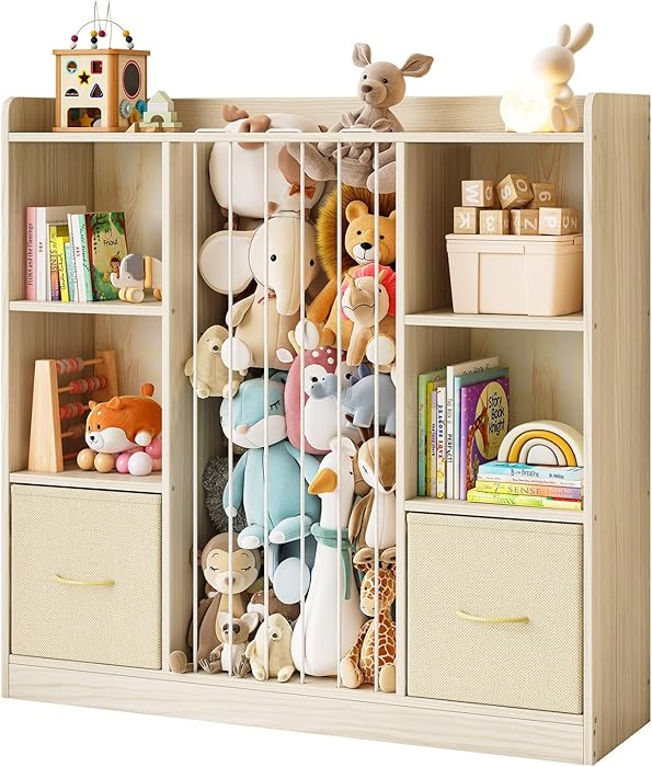 Toy Storage Organizer with Stuffed Animal Storage, Wooden Toy Organizer & Stuffed Animal Zoo, 6 C... | Amazon (US)