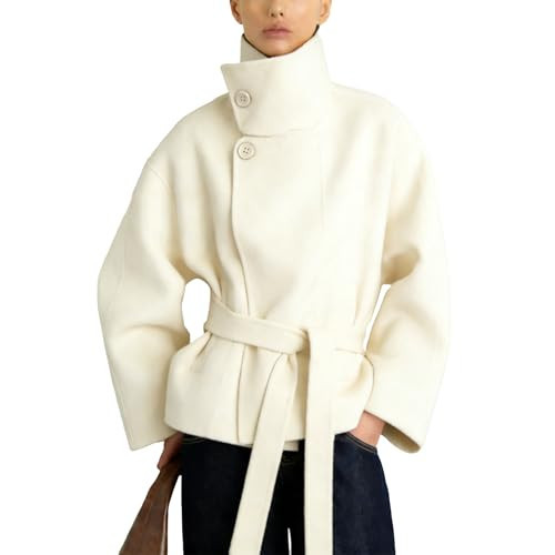 Zoziiee Women Cropped Pea Coat Double Sided Wool Stand Collar Fall Winter Warm Outfits Casual Elegant Belted Outwear(Beige,XS) | Amazon (US)
