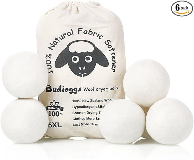 Budieggs Wool Dryer Balls Organic XL 6-Pack, 100% New Zealand Chemical Free Fabric Softener for 1... | Amazon (US)