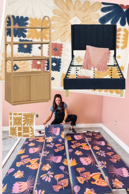 A girls shared bedroom makeover with bold colorful floral wallpaper and upholstered twin beds. 
The beds are super great quality but a great price. 
Fluted shelving unit is amazing! The quality is soo good. 
Floral rug and throw pillows 
All found @walmart #walmartpartner #walmarthome 

#LTKsalealert #LTKhome