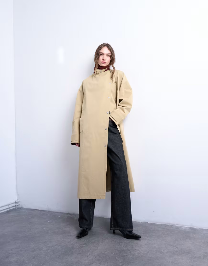Topshop longline oversized funnel trench coat with contrast collar and buckle detail in beige-Neutral | ASOS (Global)