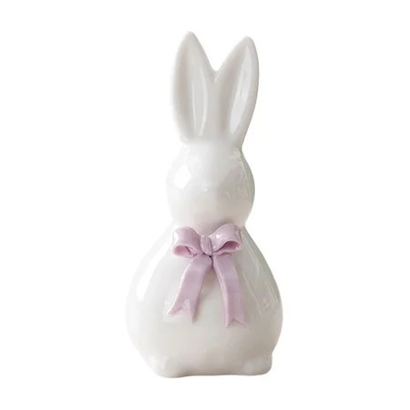 Easter Ceramic Bunny Figurines, White Porcelain Rabbit Decor with Pink Bows for Tabletop Mantel Easter Decorations Spring Home Decor | Walmart (US)