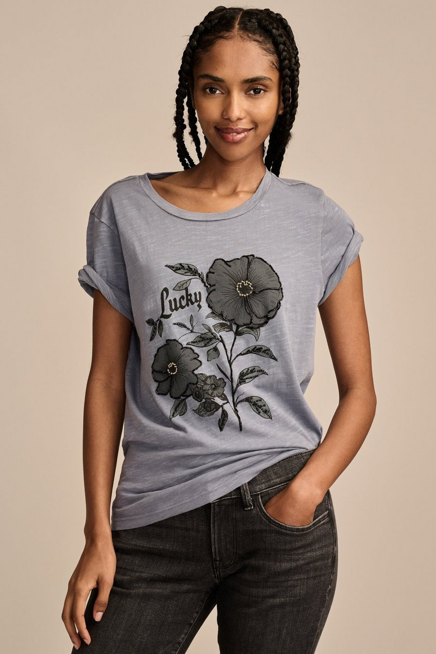 BEADED LUCKY FLORAL CLASSIC CREW | Lucky Brand