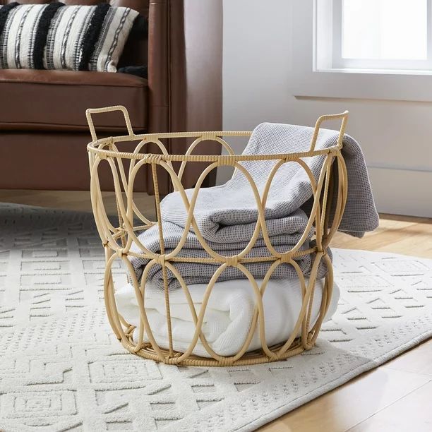 Better Homes & Gardens Large Natural Poly Rattan Open Weave Round Basket | Walmart (US)