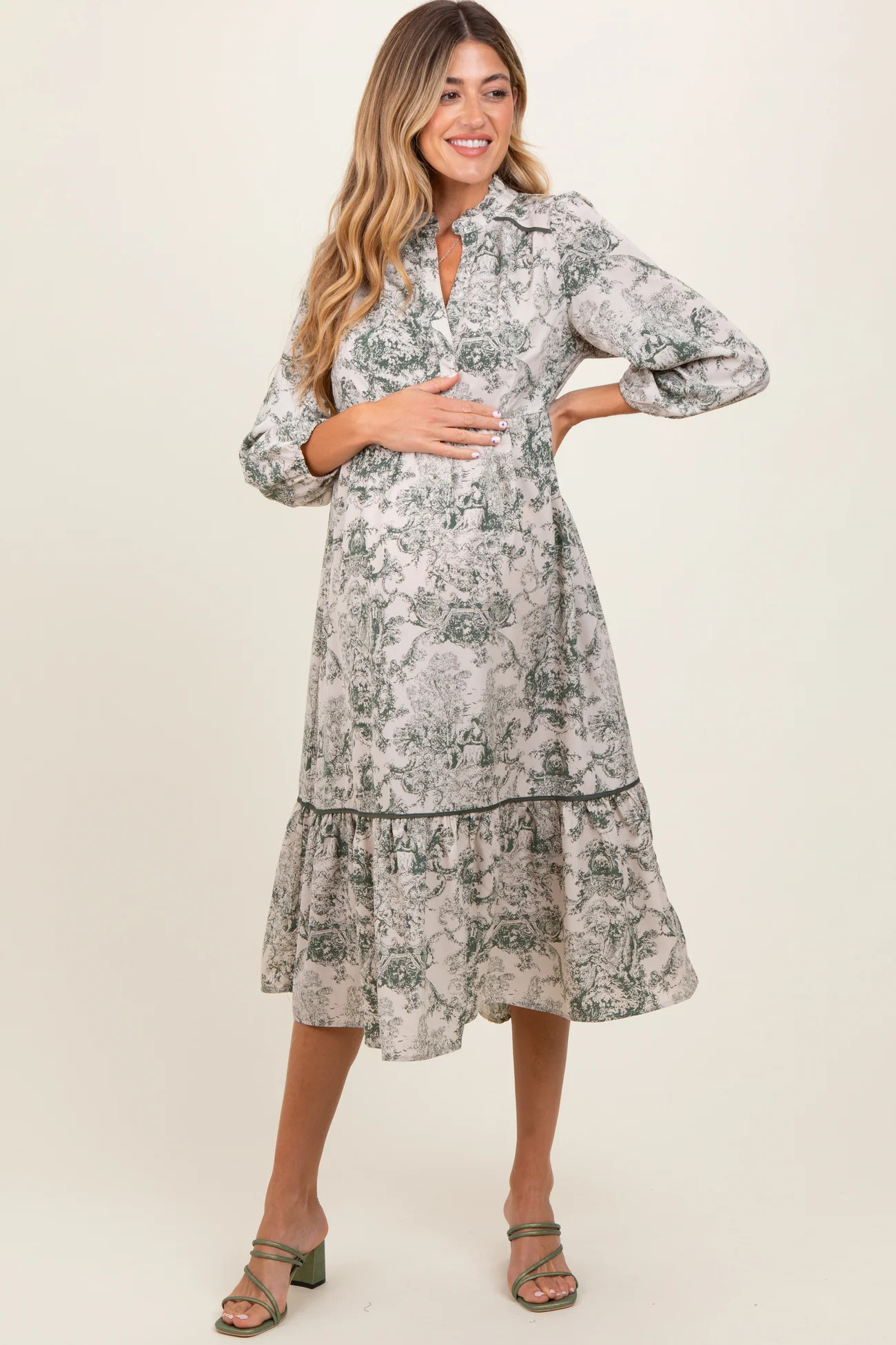 Forest Green Printed Split Ruffle Collar Maternity Midi Dress | PinkBlush Maternity