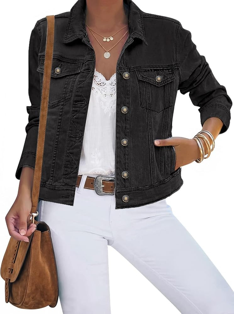 luvamia Women's Basic Button Down Stretch Fitted Long Sleeves Denim Jean Jacket | Amazon (US)