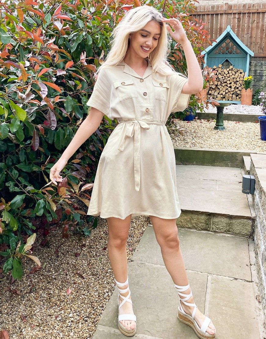 Vila utility dress with contrast buttons and tie waist in cream-Neutral | ASOS (Global)