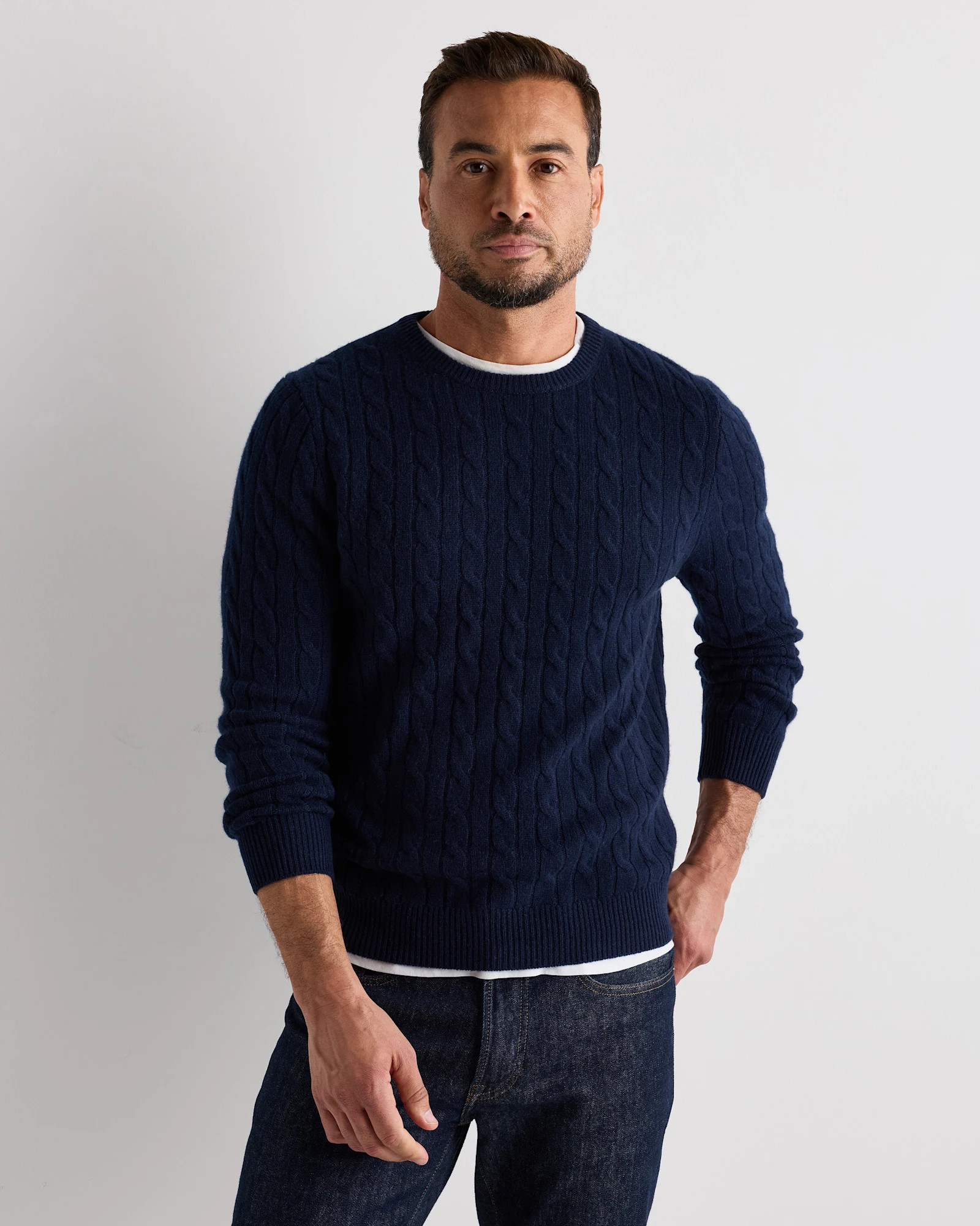 Quince | Men's Mongolian Cashmere Classic Cable Crewneck Sweater in True Navy, Size Medium | Quince