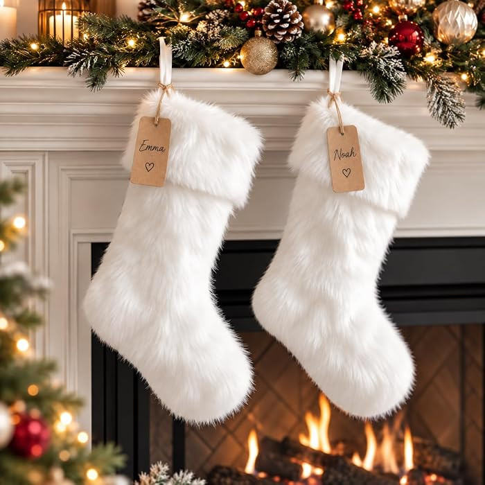 AISENO 2 Pack 18 Inch Snowy White Christmas Stockings Faux Fur Christmas Stockings Hanging Orname... | Amazon (US)