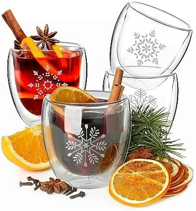 Wrenbury Mulled Wine Glasses Snowflake 7.7oz - Set of 4 Hot Toddy Mugs - Double Walled - Insulate... | Amazon (US)