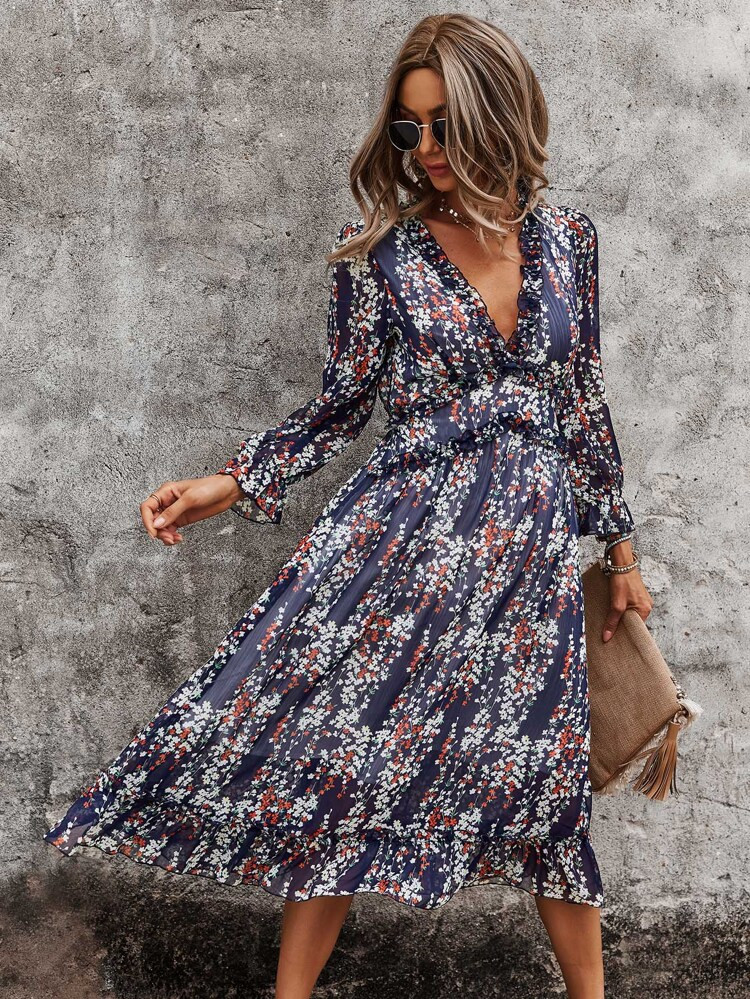 Ditsy Floral Print Deep V-neck Ruffle Hem Dress | SHEIN