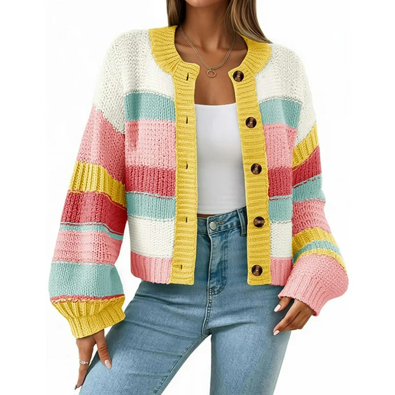 PUWEI Women's Striped Cardigan Sweaters Long Sleeve Trendy Chunky Knit Color Block Sweater Coat | Walmart (US)