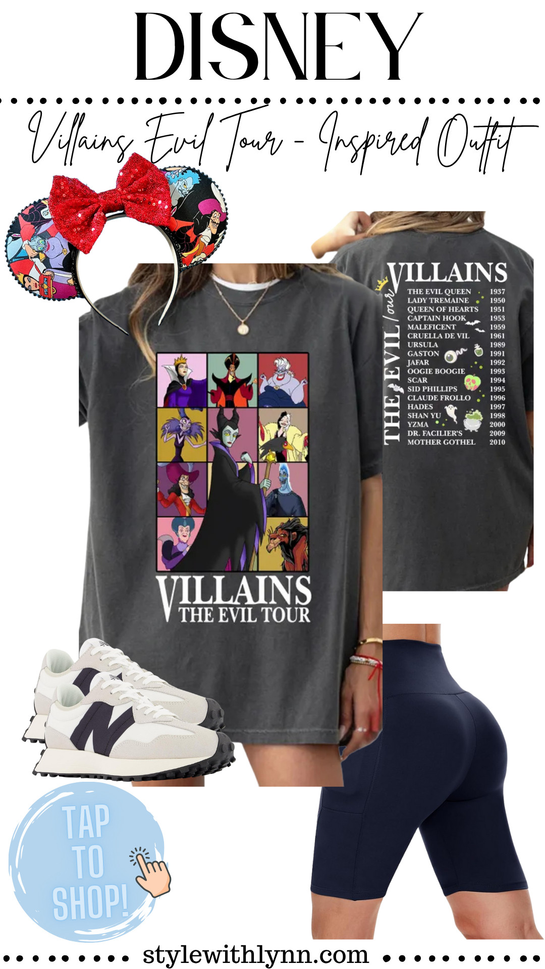 Channel your inner villain with this bold Disney Villains Evil Tour-inspired outfit! Featuring a graphic oversized tee with classic villains like Maleficent, Ursula, and Scar, paired with comfy biker shorts, retro sneakers, and villain-themed Minnie ears — this look is perfect for a day at Disney Parks or a Halloween trip to Magic Kingdom. Whether you're heading to Hollywood Studios or Oogie Boogie Bash, this is the ultimate villain-chic style. 🖤✨
👉 Tap to shop this Disney outfit now and slay your next magical adventure! #DisneyVillains #DisneyOutfitIdeas #WhatToWearToDisney #VillainsTour #DisneyStyle #ShopDisneyLooks 

 