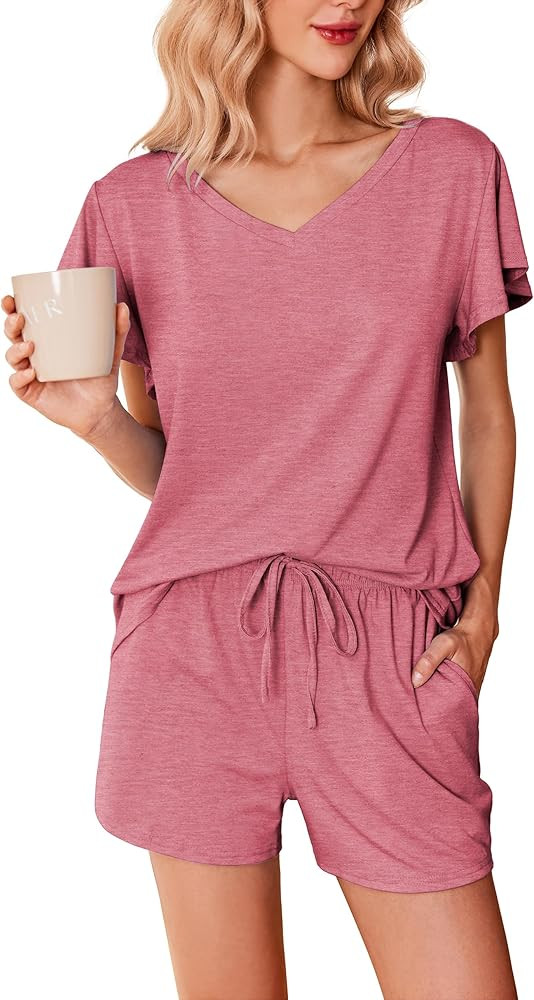 Ekouaer Women's Pajamas Set Ruffle Sleeves Sleepwear V Neck Comfy 2 Piece Pjs Loungewear Set with... | Amazon (US)