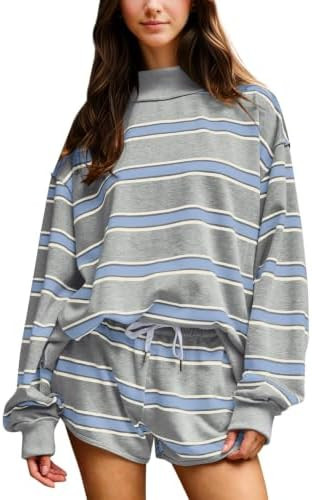 calbatic Women Striped Mock Neck Sweatshirt 2 Piece Outfits Oversized Pullover Elastic Waist Shor... | Amazon (US)