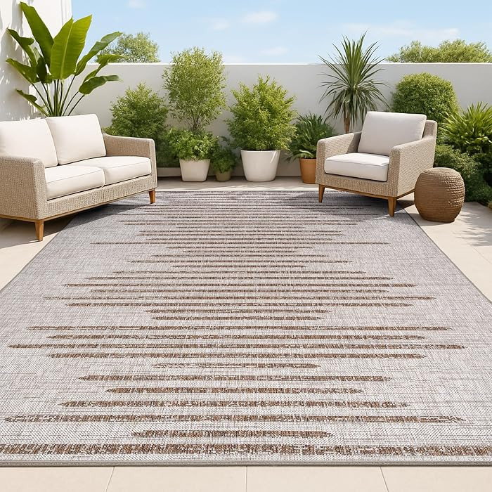 JONATHAN Y Stripe Geometric Indoor Outdoor Area Rug 4X6 Beige/Brown, Zolak Berber for Backyard, P... | Amazon (US)