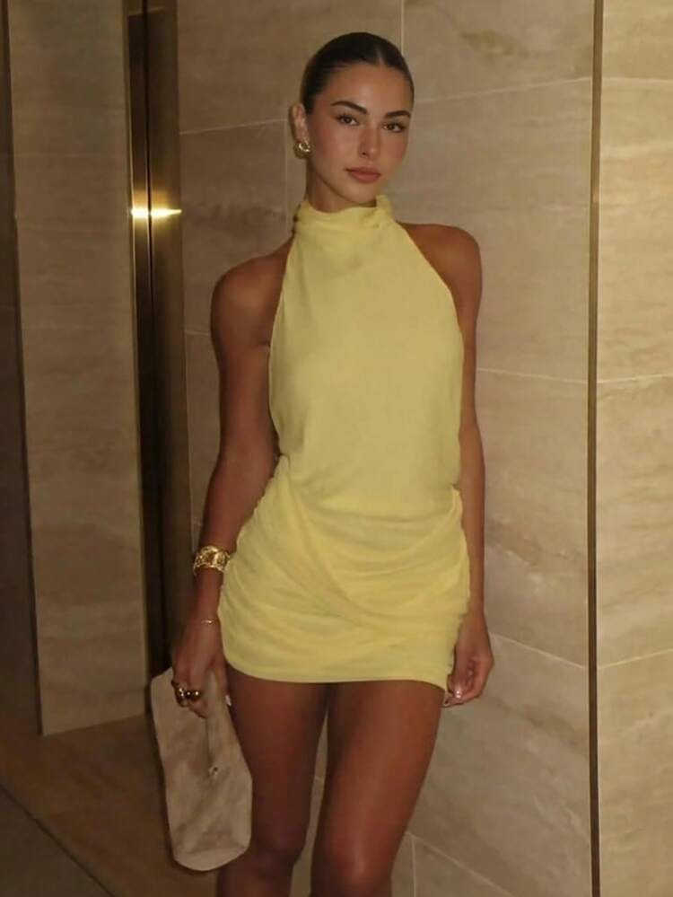 Aloruh Women's Pale Yellow,Summer,Seksi Chic,Night Out Sleeveless Bodycon Pleated Mini Skirt,Fash... | SHEIN