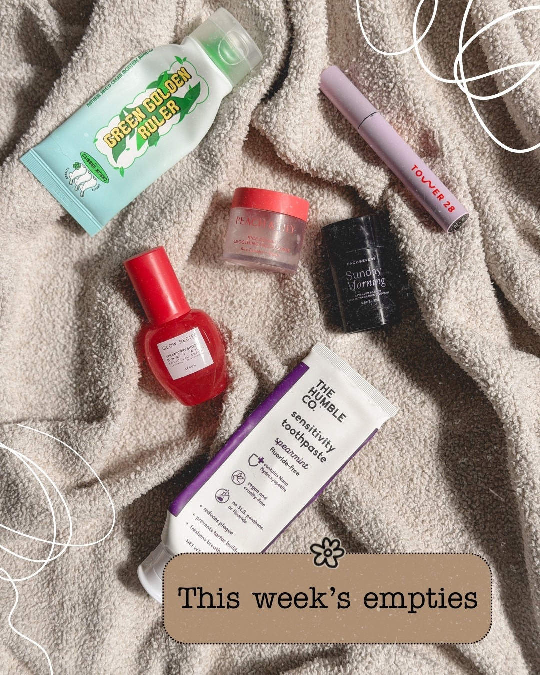 This week’s empties.
Chasin rabbits - This was my second bottle & I think it’s been working well with my dry skin!
Each & Every - I’ve used this brand but tried the discovery set and liked trying new scents! Wish it had a clear residue instead of white
Tower 28- I have had issued with eye sensitivity with mascara and this brand has had no issues. 
The Humble Co - I’ve been trying different “natural” toothpastes. I think I want to try their whitening toothpaste and see how it works 
Glow recipe - I really loved this serum but I want too look into the fragrance. It says it’s not artificial but the ingredients just say “Fragrance/Parfum”
Peach & Lily - I bought the Glass Skin Discovery kit & this was included. I liked it but it didn’t feel much different than others I’ve tried.

#LTKselfcare