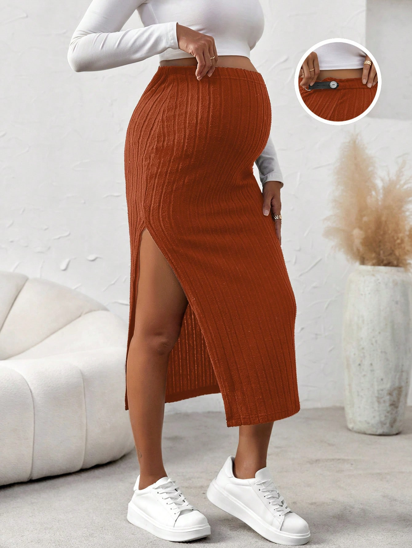 SHEIN Maternity Adjustable Waist Split Thigh Rib-knit Slit Thigh Skirt | SHEIN