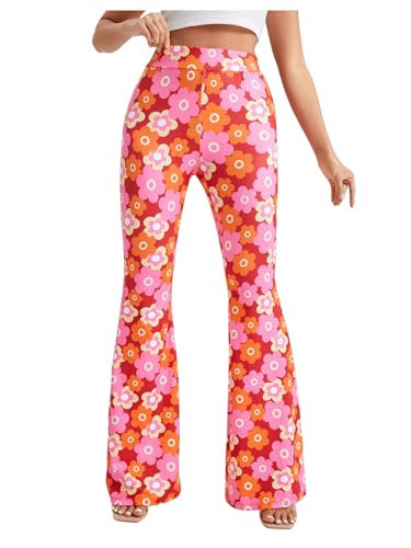OYOANGLE Women's Floral Print High Waist Yoga Pants Wide Leg Pants Bell Bottom Trousers Orange and Pink XXL | Amazon (US)