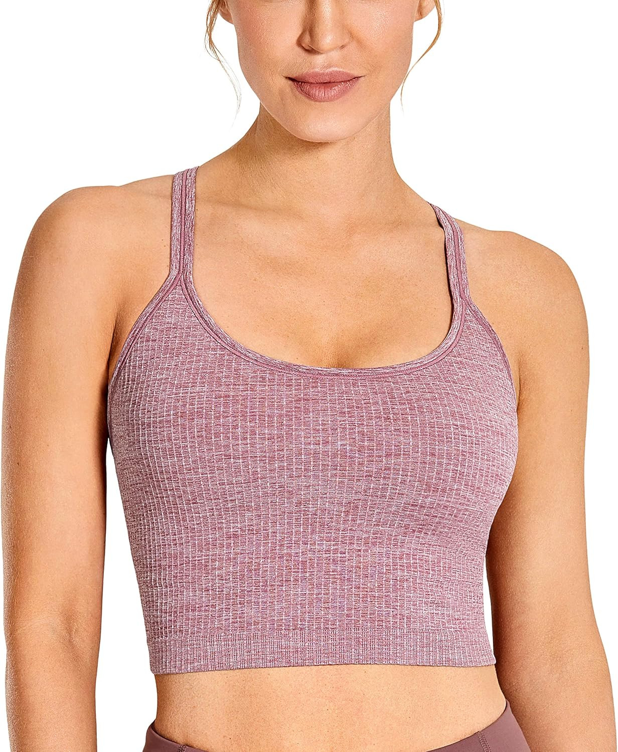 CRZ YOGA Women's Longline Seamless Ribbed Sports Bra Padded Wireless Racerback Yoga Bras Crop Tank T | Amazon (US)