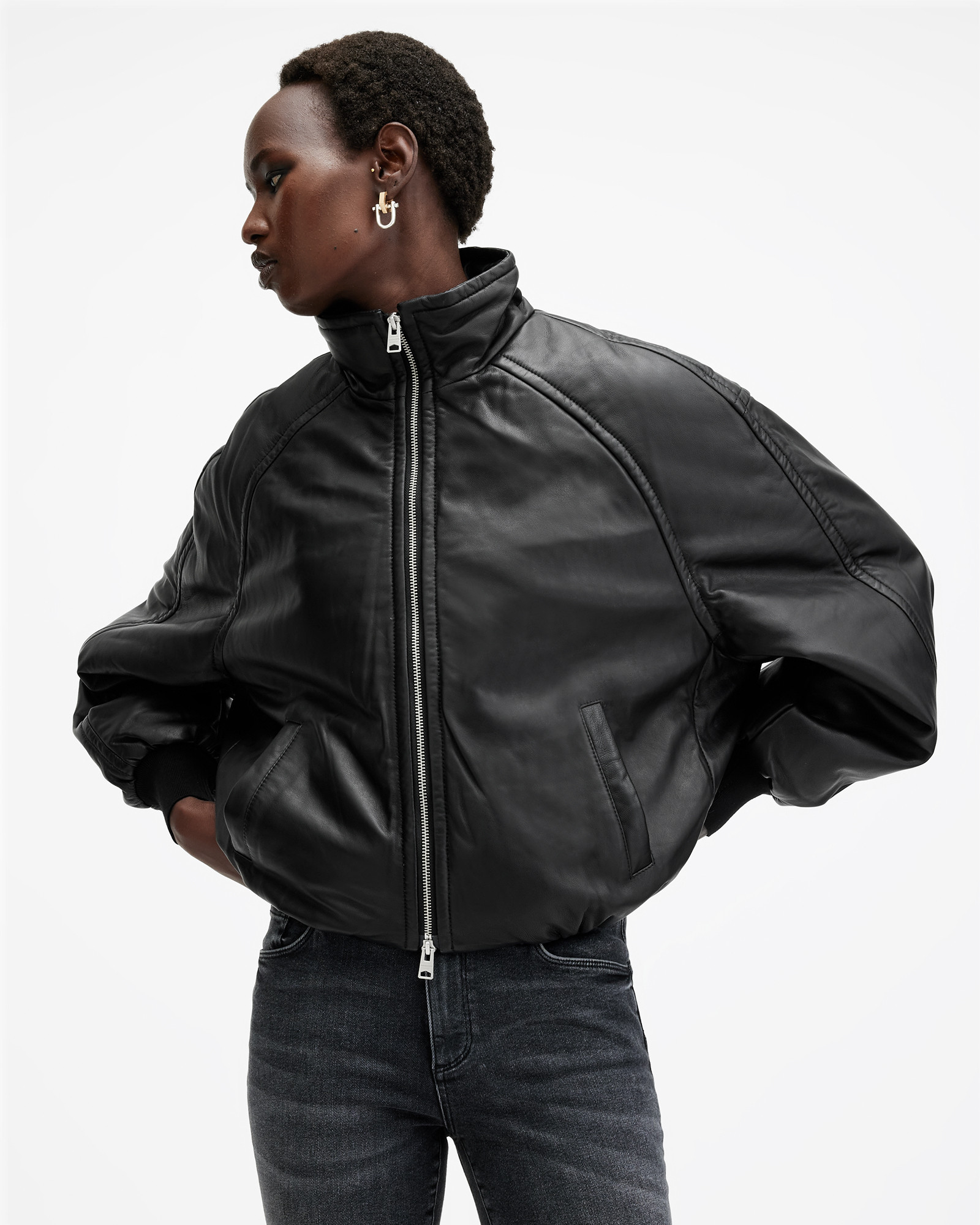 Rowan Funnel Neck Leather Bomber Jacket | AllSaints UK