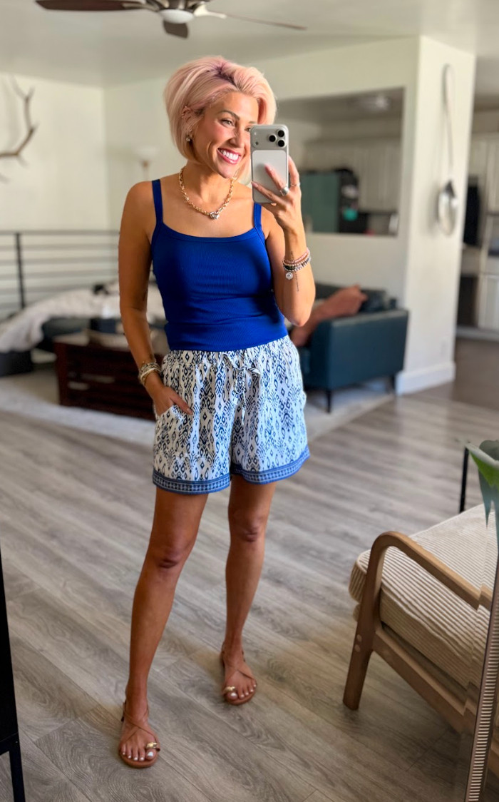 Loving the Santorini vibes of this look! Perfect for a summer day AND this top has a built-in bra. Shorts: Medium // Top: Small // Shoes: TTS 

 #LTKootd #LTKSeasonal #LTKSaleAlert