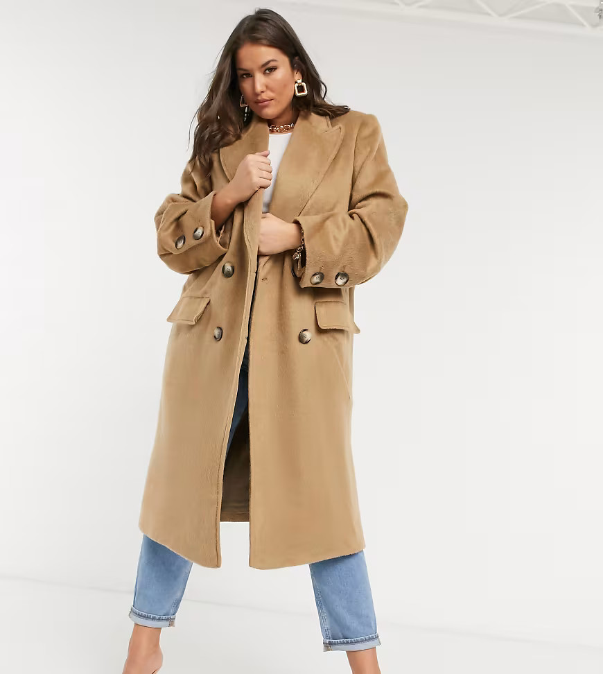 ASOS DESIGN Curve brushed luxe maxi coat in camel-Orange | ASOS (Global)