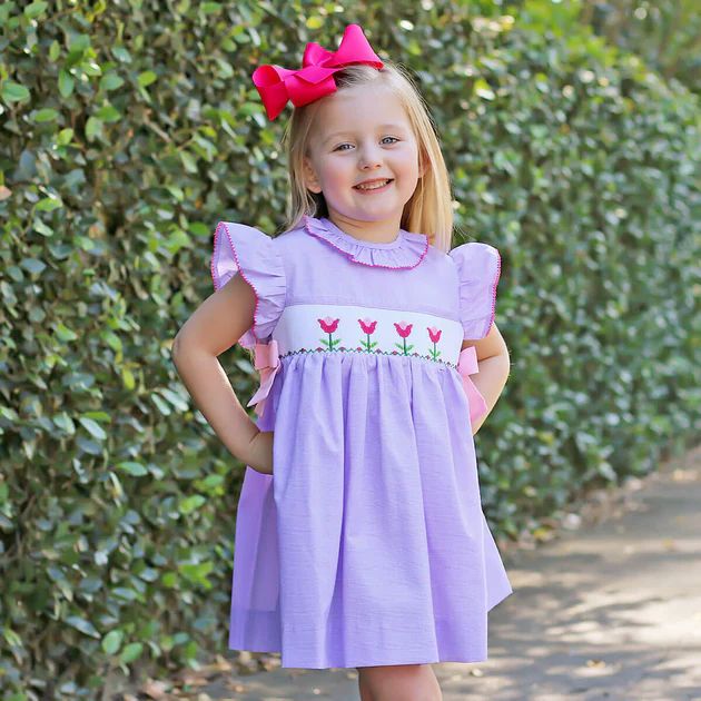 Tulips In Spring Purple Smocked Beverly Dress | Classic Whimsy
