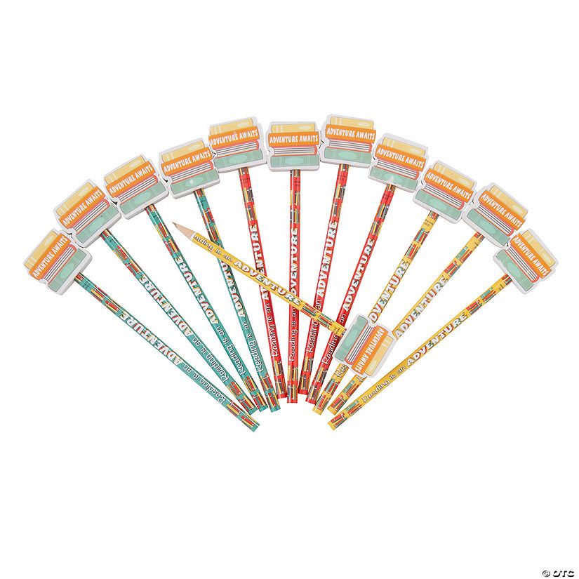Reading is an Adventure Pencils with Book Eraser Toppers - 12 Pc. | Oriental Trading Company
