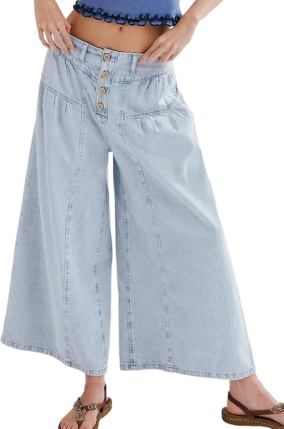 Lentta Women's Wide Leg Jeans Mid Rise Trousers Elastic Waist Button Pleated Demin Pants with Poc... | Amazon (US)