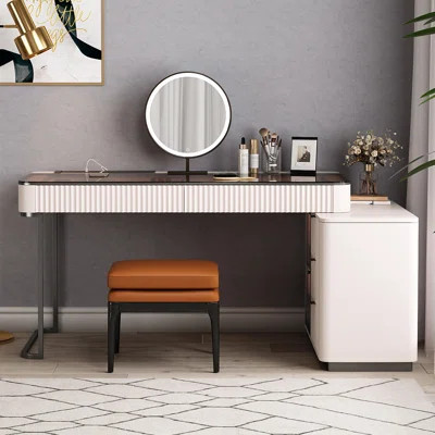 High-quality Makeup Vanity Set,L-Shaped Executive Desk,Power Outlet, Glass Top,Very easy to assemble,Includes vanity stool | Wayfair North America